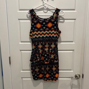 Rue21 Black Aztec Print Peplum Dress with Orange and Turquoise Accents